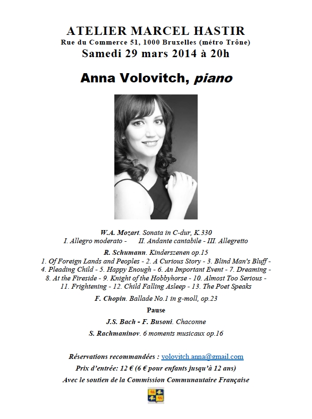 Affiche. Atelier Hastir. Anna Volovitch, concert de piano. 2014-03-29